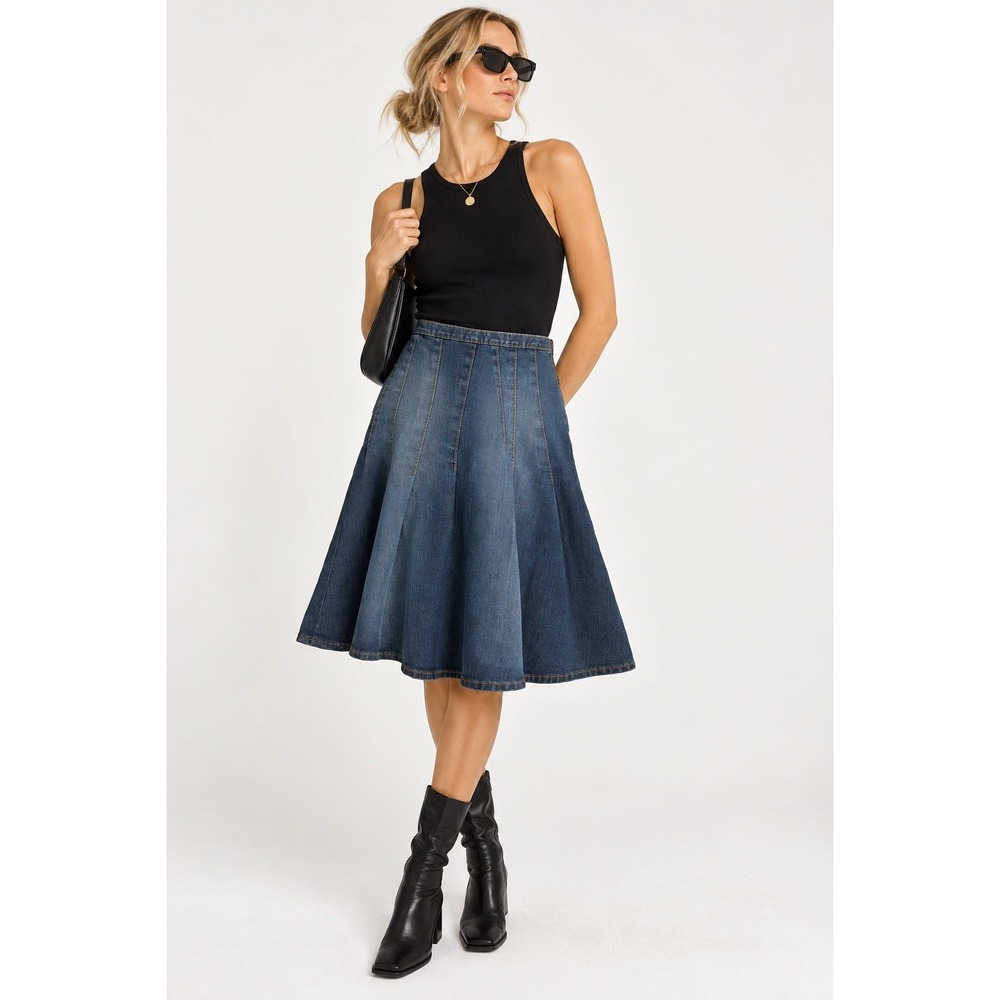 Moschino Cheap and Chic Denim Skirt Made in Italy Flared Midi Size 8